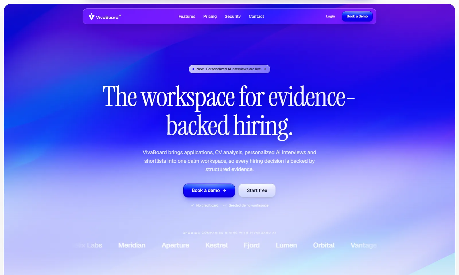 VivaBoard Hire homepage — the workspace for evidence-backed hiring